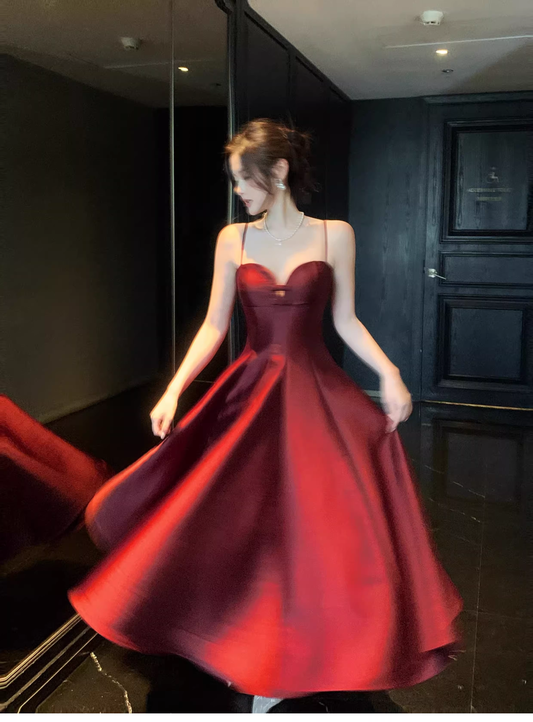 Elegant Burgundy Spaghetti Straps Satin A Line Long Party Dress Formal Wedding Guest Dress SP1493