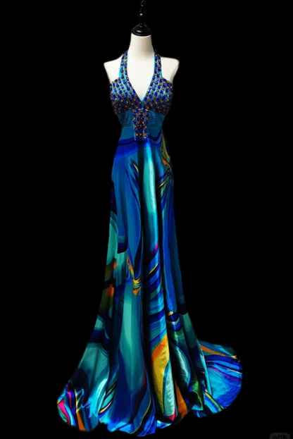 Unique Blue Halter Satin Print Floral Beaded Mermaid Prom Dress Evening Gown SP567