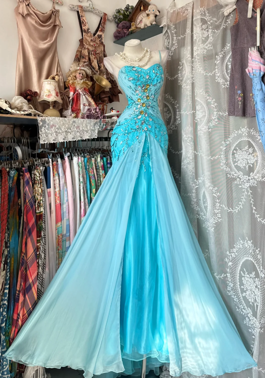 Classy Blue Chiffon Beaded Mermaid Long Party Dress Formal Birthday Prom Dress SP1711