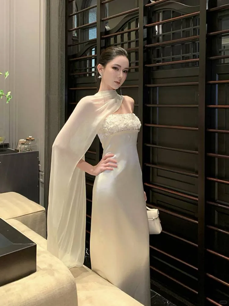 Elegant White Strapless Satin Floral Sheath Long Evening Dress Birthday Dress With Scarf SP2290