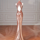 Classy Rose Gold Sequin Mermaid Long Prom Dress Backless Evening Dress Y8635