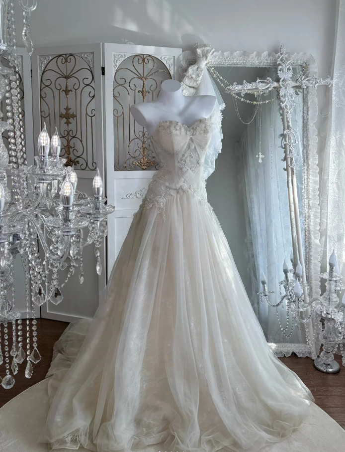 Classy Strapless Off White Tulle Beaded Appliques Mermaid Long Birthday Party Dress Prom Gown SP1463