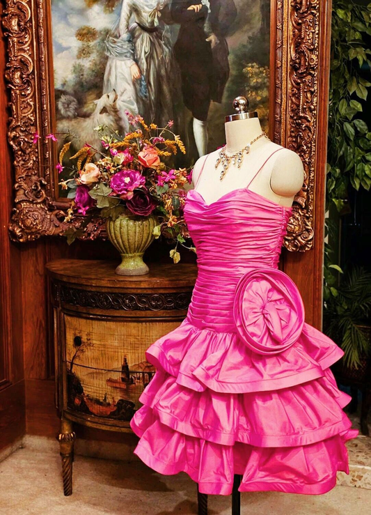 Vintage Hot Pink Tiered Ruched Cocktail Dress Formal Graduation Homecoming Dress Y9841