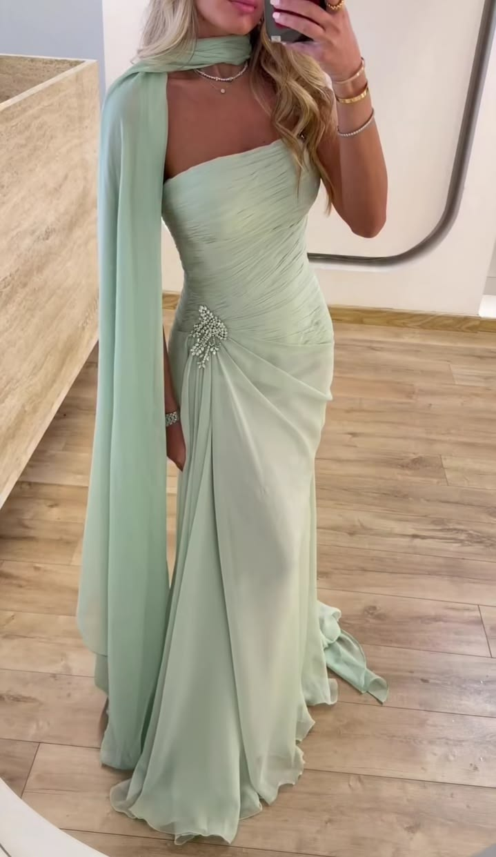 Pretty Sage Green Chiffon Pleated Mermaid Long Birthday Dress Evening Dress Strapless Wedding Guest Dress SP2300