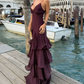 Classy Spaghetti Straps Burgundy Satin Layered Mermaid Evening Dress Long Wedding Guest Dress SP1304