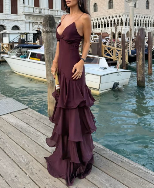 Classy Spaghetti Straps Burgundy Satin Layered Mermaid Evening Dress Long Wedding Guest Dress SP1304
