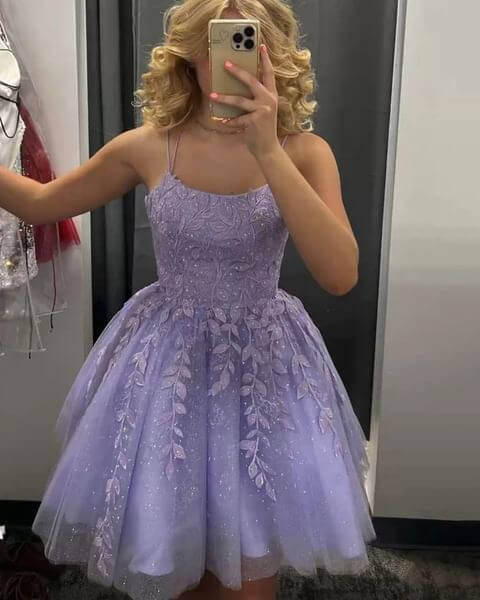 Shiny Spaghetti Straps Lavender Tulle Appliques Short Party Dress Formal Homecoming Dress 17th Birthday Outfits Y9914