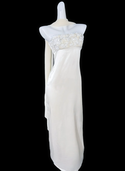 Charming Strapless Off White Satin Appliques Long Party Dress Prom Gown SP3510