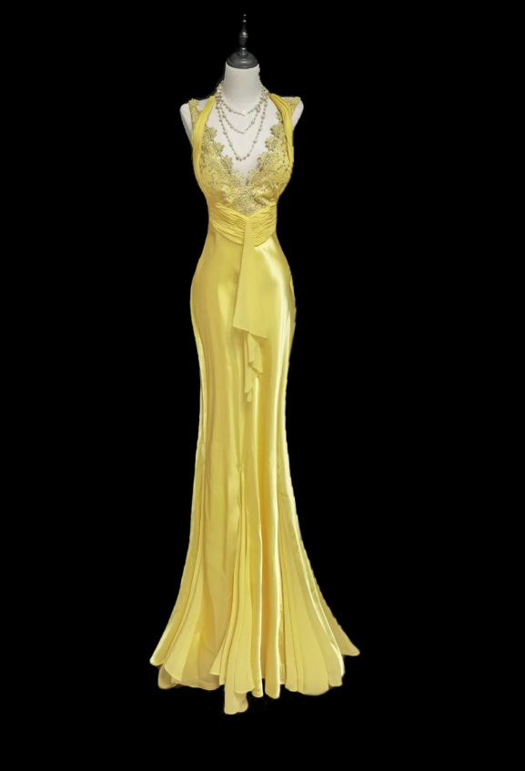 Sexy V Neck Yellow Satin Lace Mermaid Evening Dress Long Birthday Prom Gown SP565