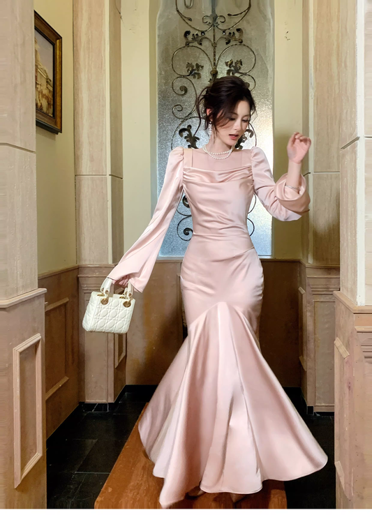 Sweet Pink Satin Mermaid Long Wedding Guest Dress Formal Evening Dress Prom Gown SP1649
