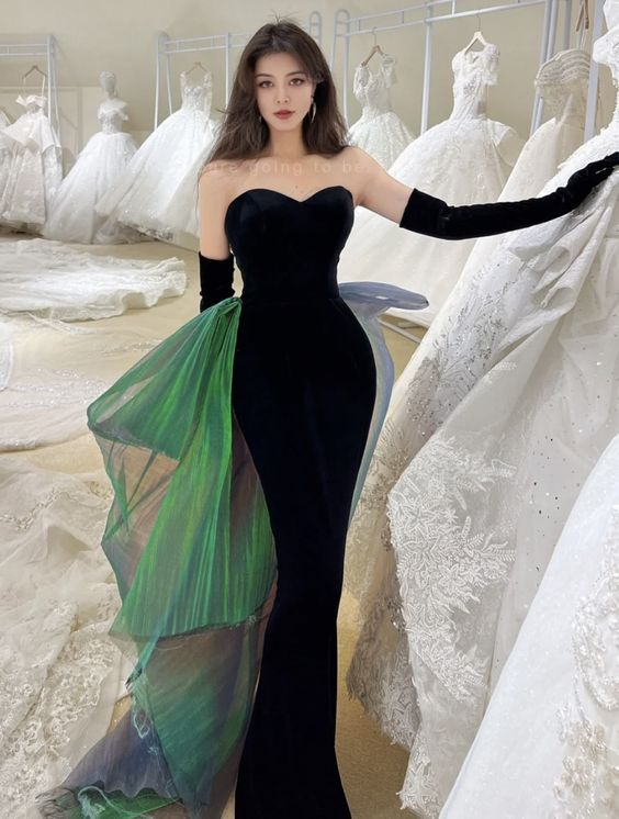 Sexy Mermaid Long Black Velvet Prom Dresses Long Prom Gown With Gloves Y7286