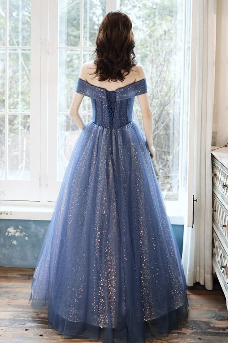 Blue Tulle Sequins Long Ball Gown Dress Formal Dress Y4907