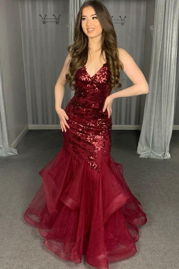 Classy Sequin Tulle Mermaid Prom Dress Burgundy Long Party Dress SP4261
