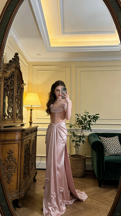 Beautiful Spaghetti Straps Pink Satin Pleated Mermaid Long Party Dress Prom Gown With 3D Flowers SP2061