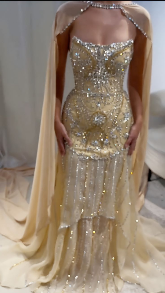 Sparkly Chiffon Sequin Beaded Yellow Mermaid Party Dress Long Birthday Prom Dress SP975