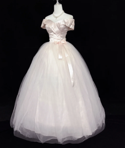 Elegant Off The Shoulder Ball Gown Light Pink Tulle Satin Long Birthday Party Dress SP2213