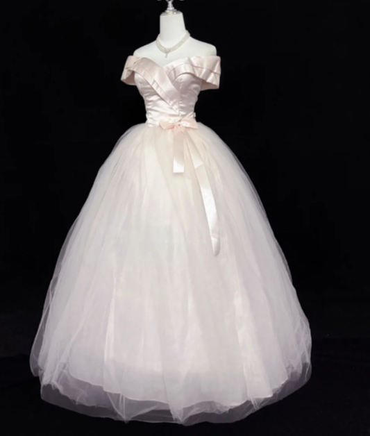 Elegant Off The Shoulder Ball Gown Light Pink Tulle Satin Long Birthday Party Dress SP2213