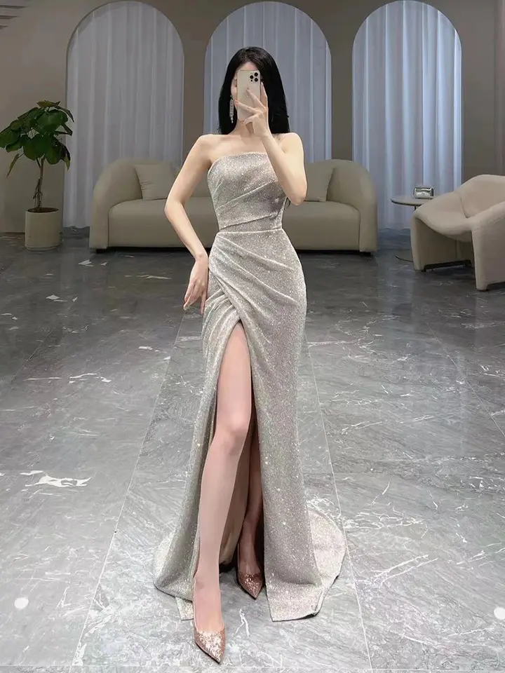 Glitter Silver Gray Color Mermaid Prom Dress Formal Gown Party