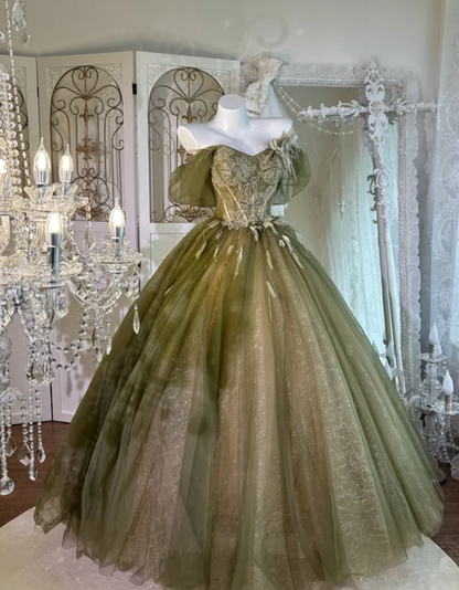 Gorgeous Olive Green Off The Shoulder Tulle Sequin Beaded Birthday Ball Gown Formal Quinceanera Dress SP1466