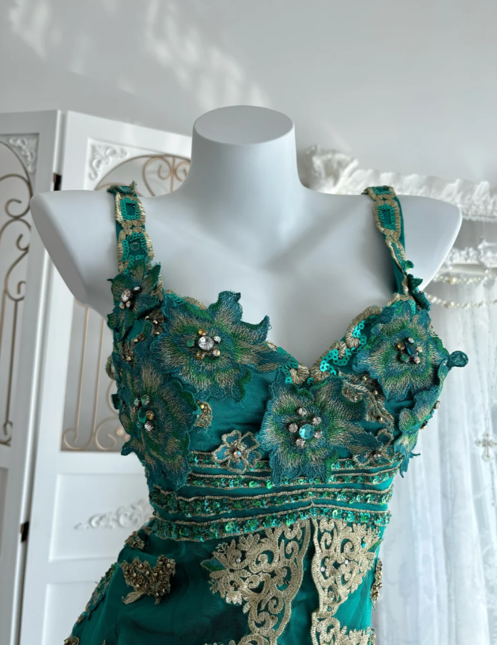 Vintage Dark Green Embroidery Appliques Mermaid Long Wedding Guest Dress, Formal Birthday Party Dress With Beaded SP1468