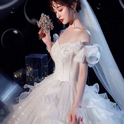 Fairy Romantic Off Shoulder White Wedding Dress Sweep Train Y6878