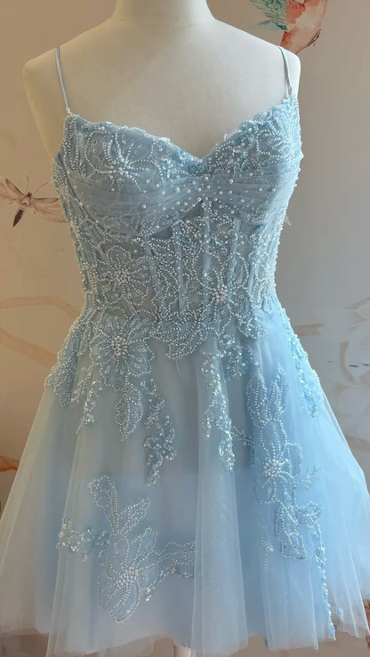 Glamorous Spaghetti Straps Tulle Beaded A Line Short 17th Birthday Outfits,Blue Short Graduation Homecoming Dress SP3487