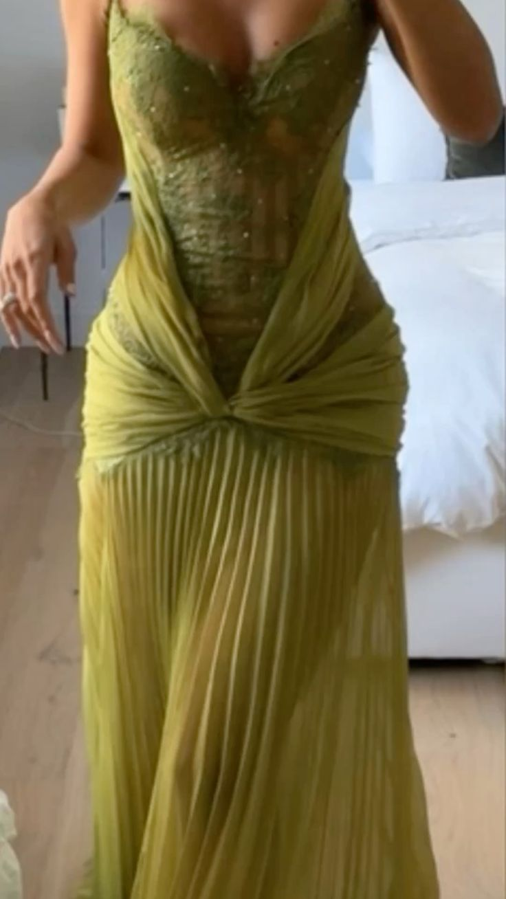 Elegant Olive Green Chiffon Lace Party Dress,Spaghetti Straps Long Wedding Guest Dress SP2447