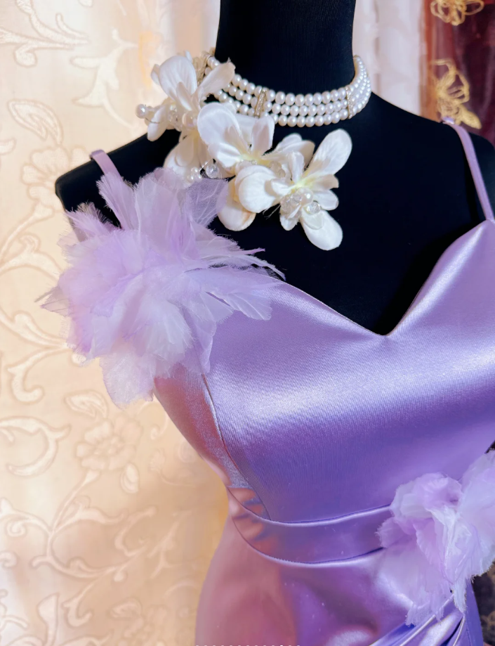 Classy Spaghetti Straps Purple Satin Appliques Mermaid Slit Party Dress Long Wedding Guest Dress SP1943