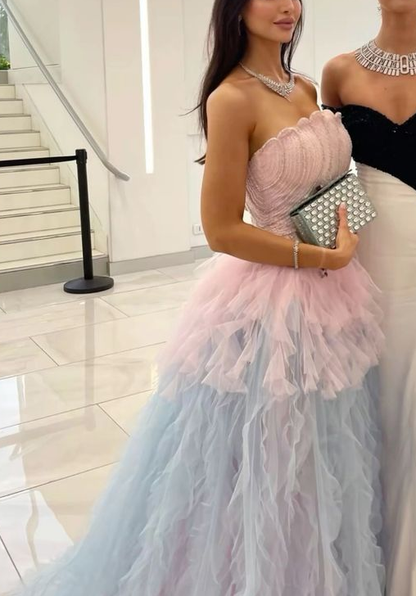 Elegant Strapless Beaded Tulle Pleated Mermaid Long Birthday Prom Dress Evening Dress SP921