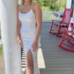Sparkly Spaghetti Straps Mermaid White Sequin Prom Evening Dress Y8071