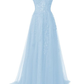 Blue Flower Lace Appliques Tulle Long Prom Dresses for Teens Y7044