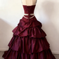 Elegant Strapless Burgundy Satin Pleated Layered Long Party Dress Prom Dresses SP1339