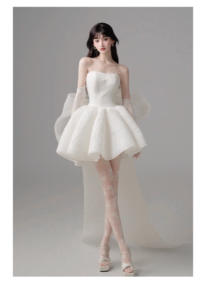Classy Strapless Organza Appliques White A Line Short Homecoming Dress Formal Birthday Outfits With Bow Y9563