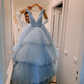 Elegant Sky Blue V-neck A-line Backless Long Prom Dress Evening Dress Y4813