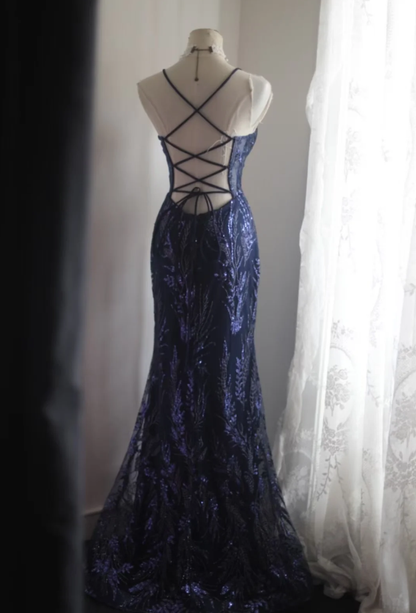 Gorgeous Spaghetti Straps Navy Blue Sequin Tulle Mermaid Long Evening Dress Prom Gown SP1236