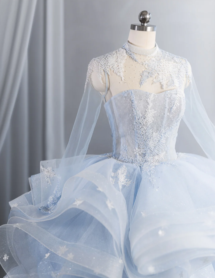 Charming Blue Tulle Sequin Appliques Princess Bridal Dress Long Wedding Dress SP1521