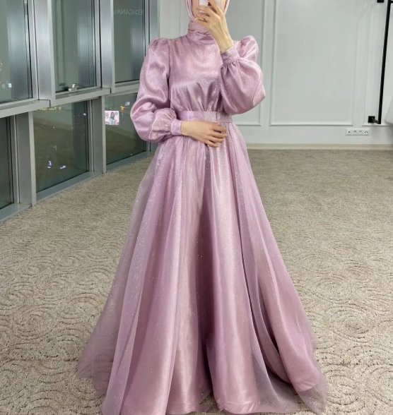 Modest A-line Navy Blue Tulle Long Sleeves Prom Dress,Muslim Dress Y58 –  Simplepromdress