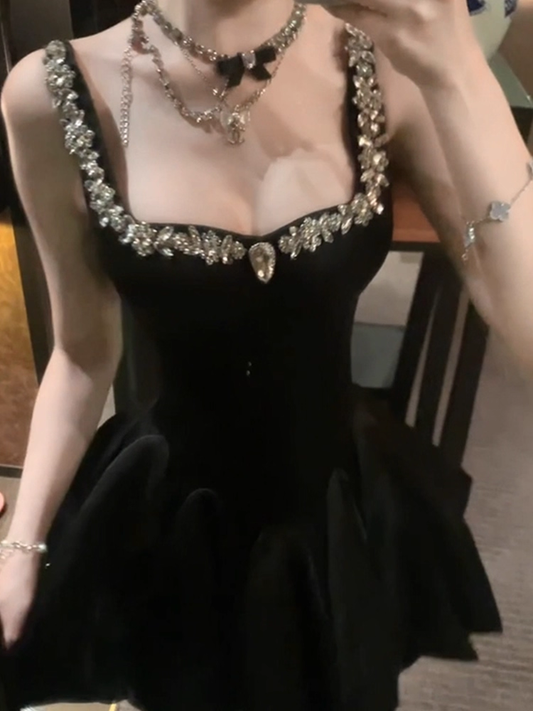 Elegant Strapless Black Satin Beaded A Line Short Homecoming Dress 19th Birthday Outfits SP123