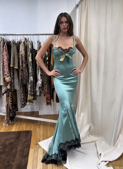 Fashion Blue-green Satin Lace Hem Mermaid Party Dress,Spaghetti Strap Long Wedding Guest Dress SP3374