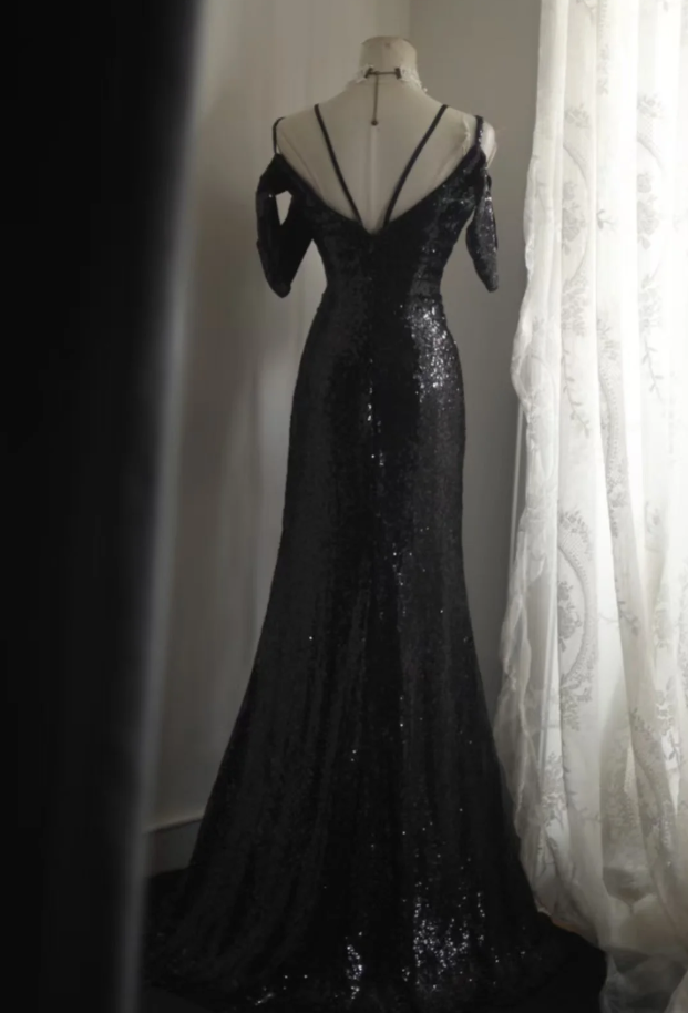 Shiny Spaghetti Straps Black Sequin Mermaid Party Dress Long Birthday Prom Gown SP1259