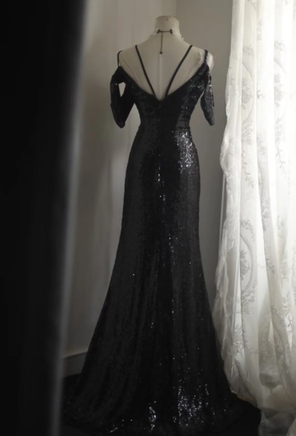 Shiny Spaghetti Straps Black Sequin Mermaid Party Dress Long Birthday Prom Gown SP1259