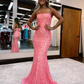 Modern Pink Long Spaghetti Straps Mermaid Prom Dress with Lace Y6451