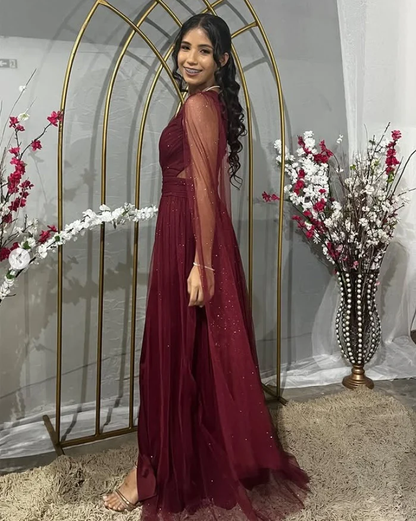 Pretty Burgundy One Shoulder Tulle Sequins Evening Gown Slit Prom Dress Y7826