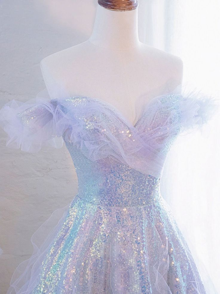 Purple Off Shoulder Sequin Tulle Long Prom Dress, Formal Evening Dresses Y5864