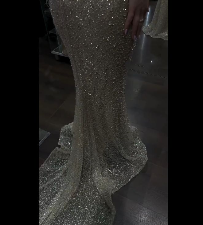 Charming Spaghetti Straps Champagne Sequin Beaded Mermaid Evening Dress Long Prom Gown SP798