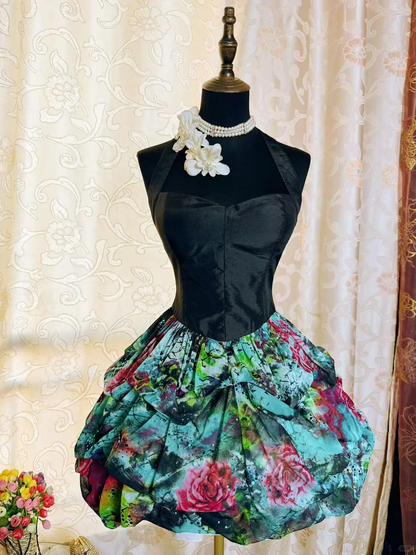 Chic Black Halter Satin Chiffon Print Floral A Line Short Graduation Homecoming Dress Cocktail Dress SP2195