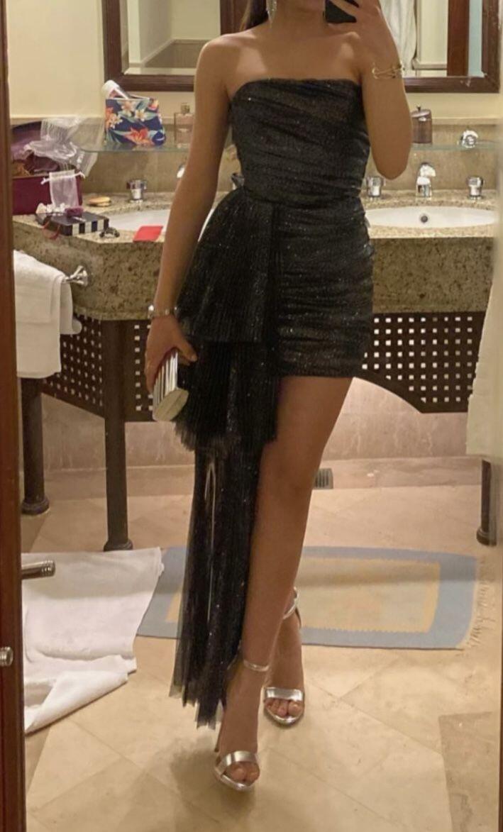 Shiny Black Strapless Tulle Sequin Sheath Short Homecoming Dress Cocktail Dress SP3975