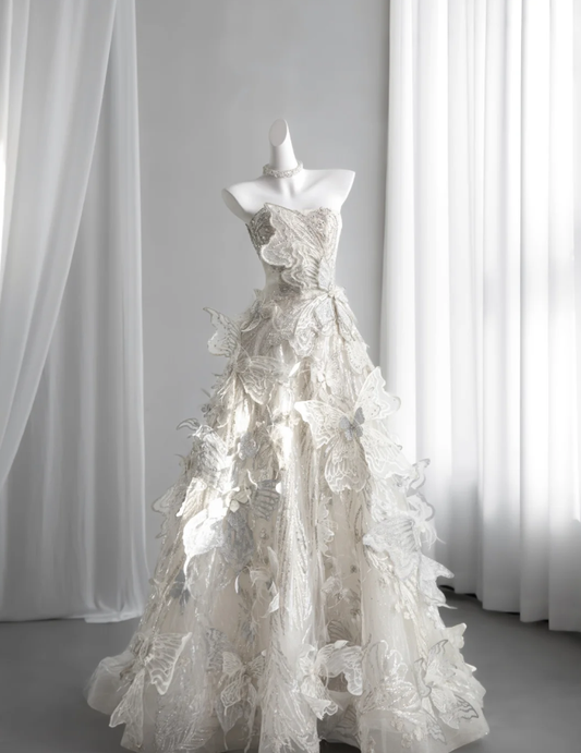 Glitter Strapless Tulle Sequin Beaded Long Birthday Prom Dress Party Dress With 3D Butterflies SP1513