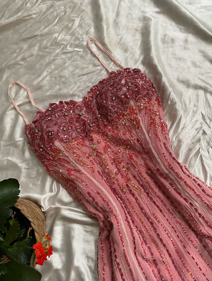 Pretty Spaghetti Straps Ombre Pink Chiffon Sequin Beaded Mermaid Long Party Dress Birthday Prom Gowns SP2278