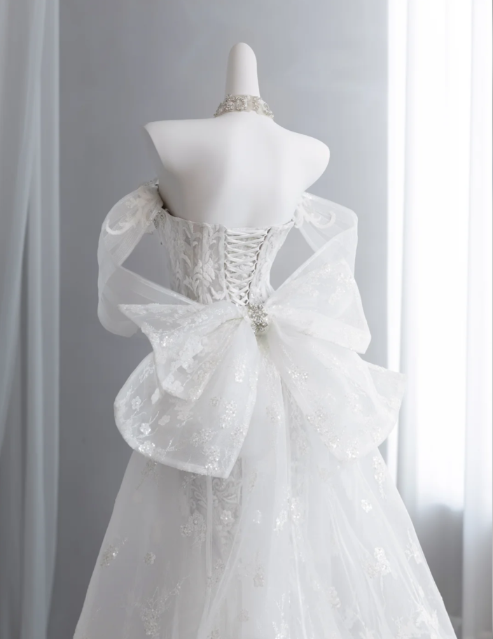 Classy Off The Shoulder White Tulle Beaded Lace Appliques Mermaid Long Wedding Dress Formal Bridal Dress SP1516